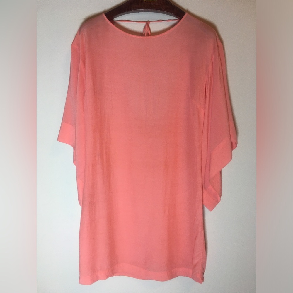 Salmon Summer Coral Tunic Short Dress, Elegant Warm Vacation, Beach or Pool Look